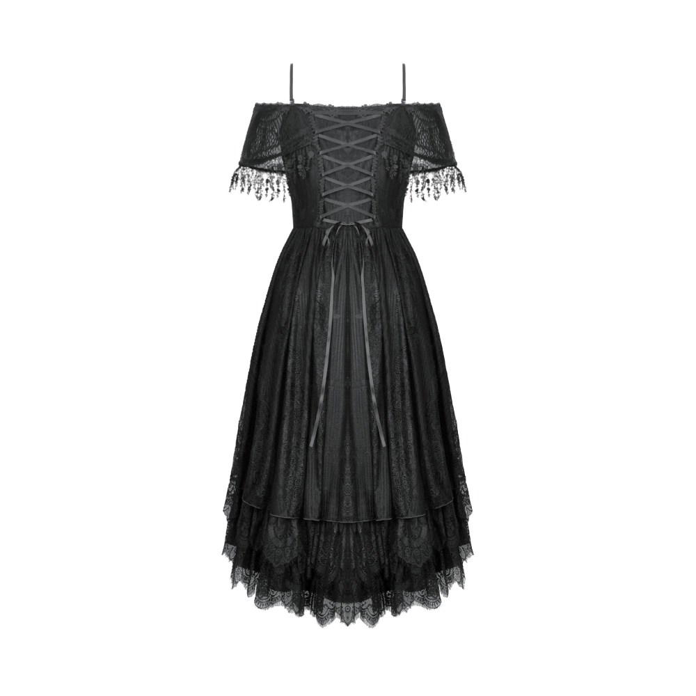 Dark in Love - Gothic Black Lace OffShoulder High low jurk - Zwart